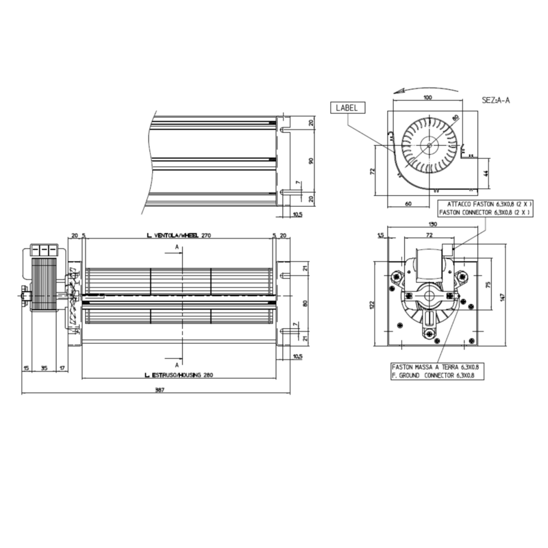 STUFE A PELLET ITALIA VENTILATEUR TANGENTIEL pour poêle à granulé pellet 80/270-77W