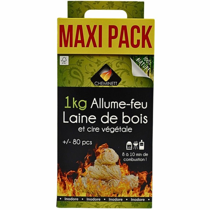 Allume-feu laine de bois naturel pour barbecue, cheminée et poêle